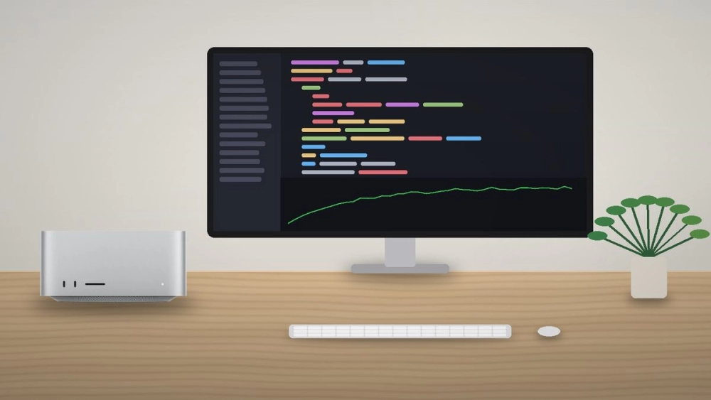 Mac Studio su scrivania per sviluppo software (illustrazione)